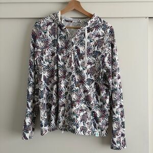 Coolibar White Hoodie with Navy and Burgundy Leaf Print